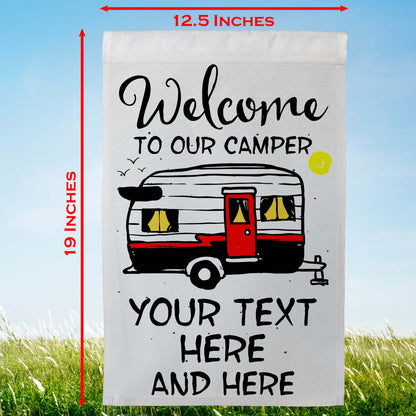 Welcome to Our Camper Personalized Camping Flag with Vintage Trailer Graphic