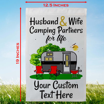 Husband & Wife Camping Partners for Life Personalized Camping Flag with Travel Trailer