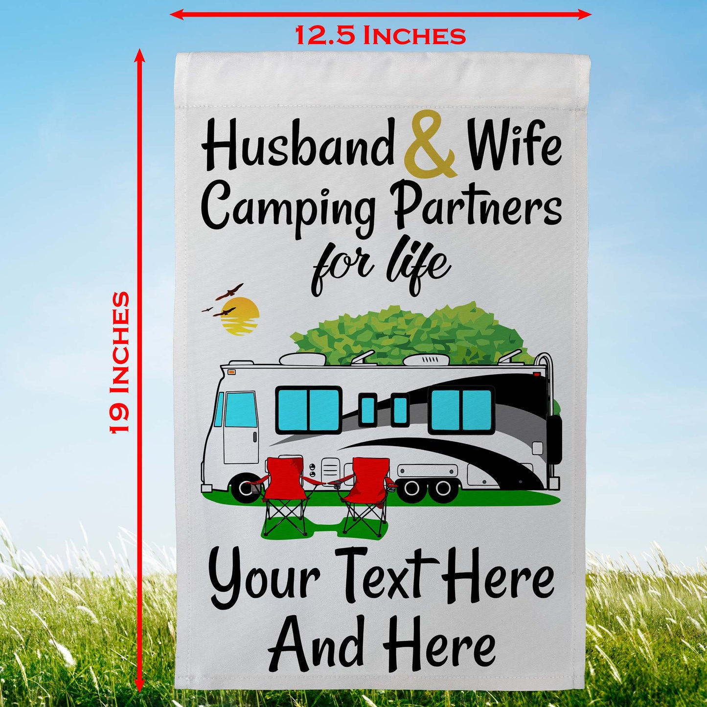 Husband & Wife Camping Partners for Life Personalized Camping Flag with Class A Motorhome