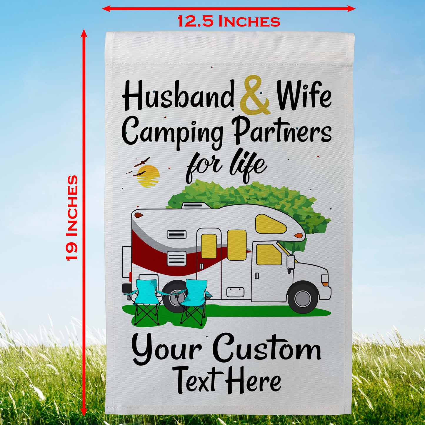 Husband & Wife Camping Partners for Life Personalized Camping Flag with Class C Motorhome