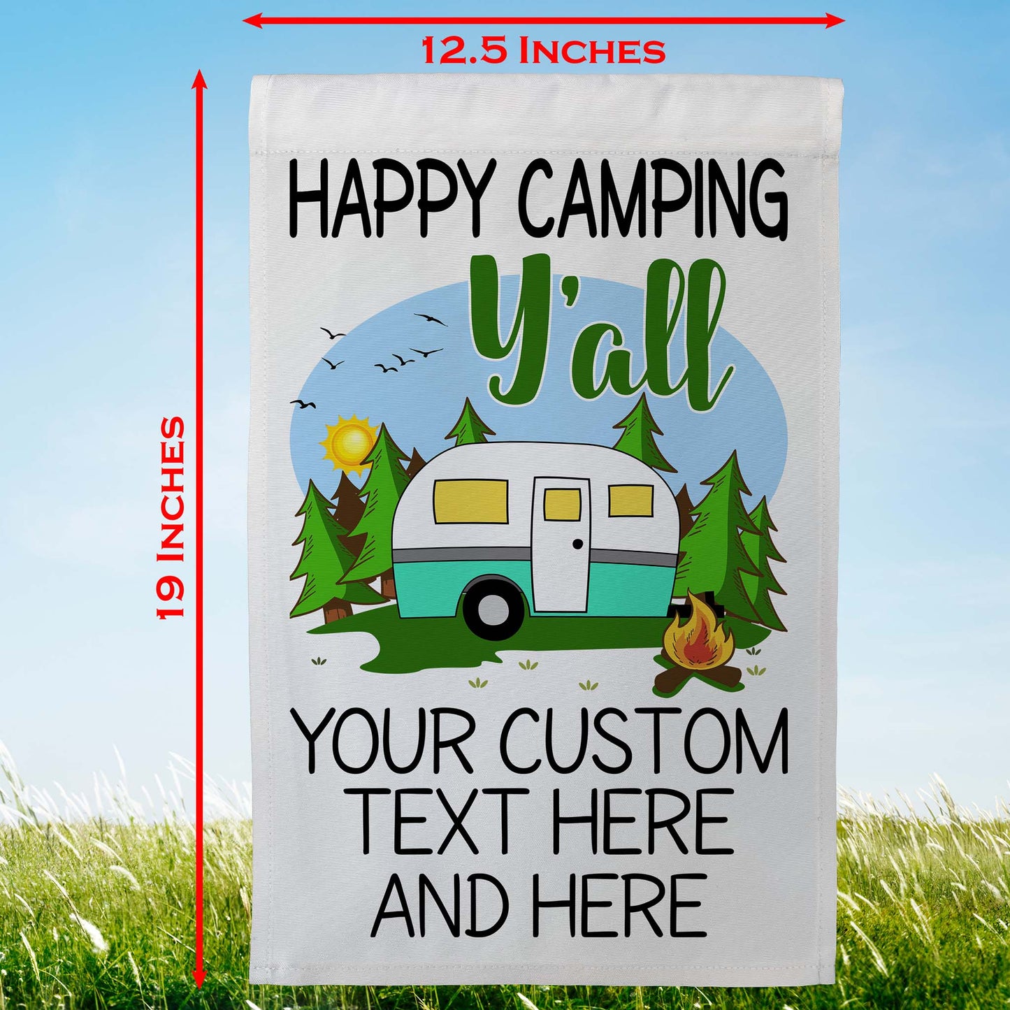 Happy Camping Y'all Personalized Campsite Flag with Retro Travel Trailer