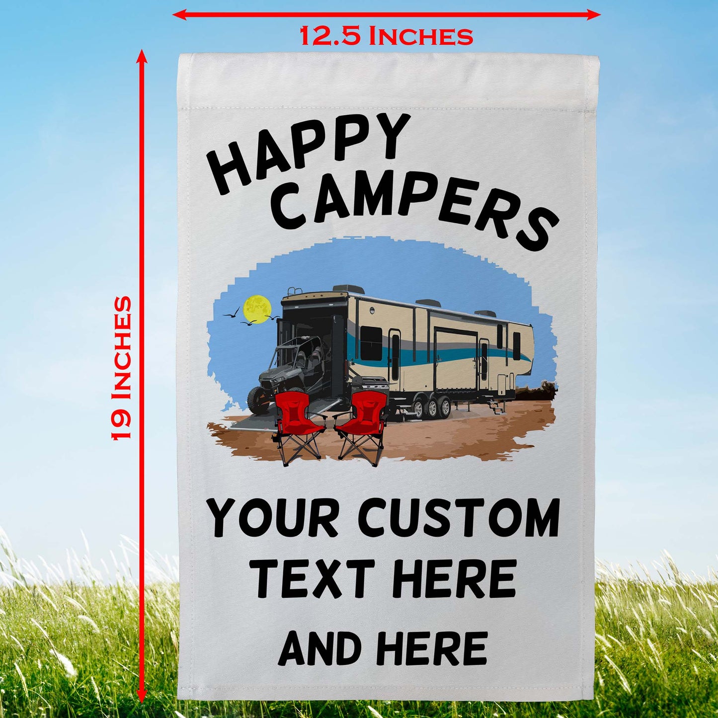 Happy Campers Personalized Camping Flag with 5th Wheel Toy Hauler