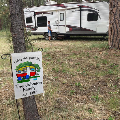 Living The Good Life Personalized Camping Flag with Retro Trailer