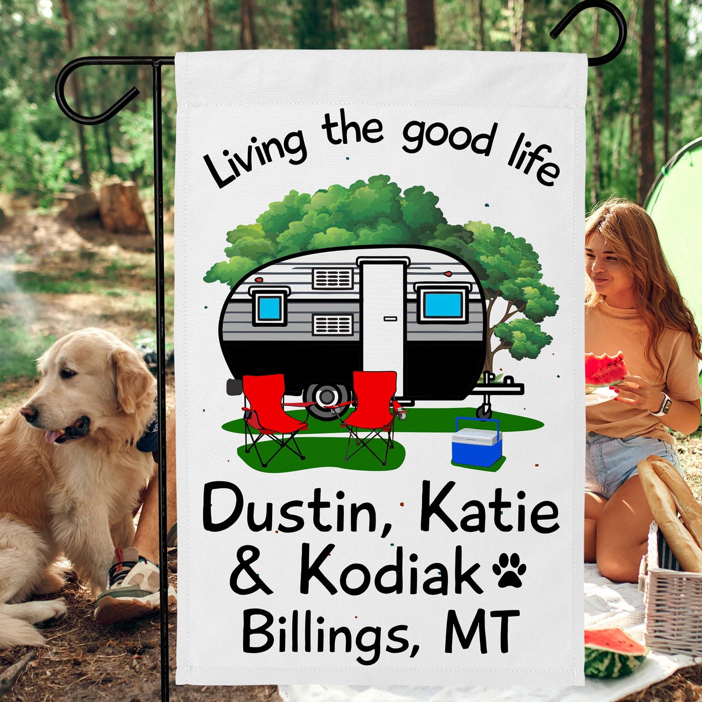 Living The Good Life Personalized Camping Flag with Retro Trailer