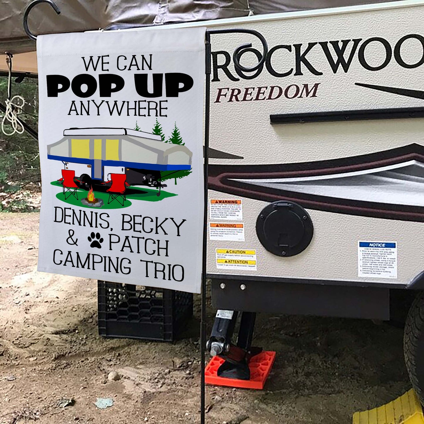 We Can Pop Up Anywhere Personalized Campsite Flag with Pop up Camper or A-Frame