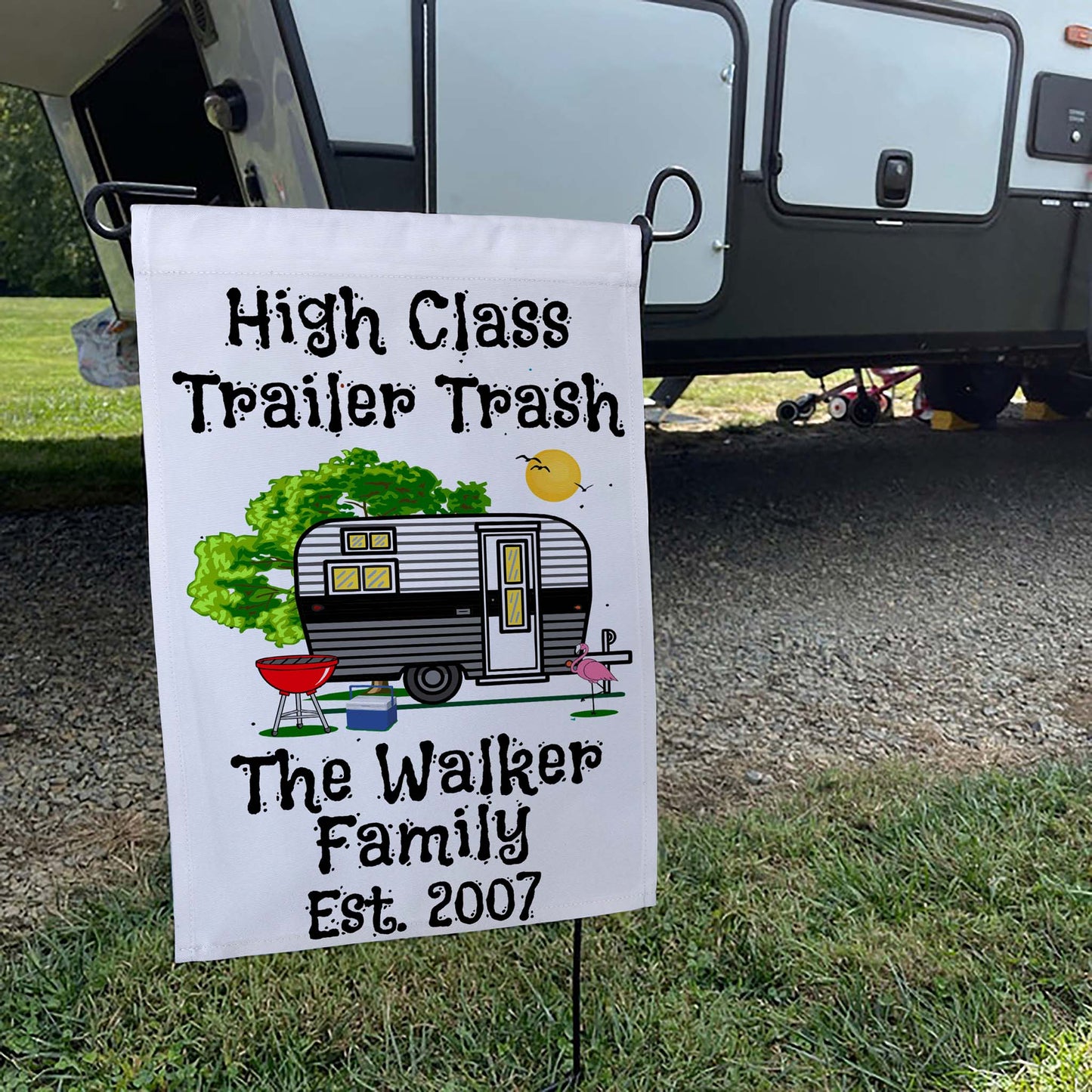 High Class Trailer Trash Personalized Camping Flag with Vintage Camper