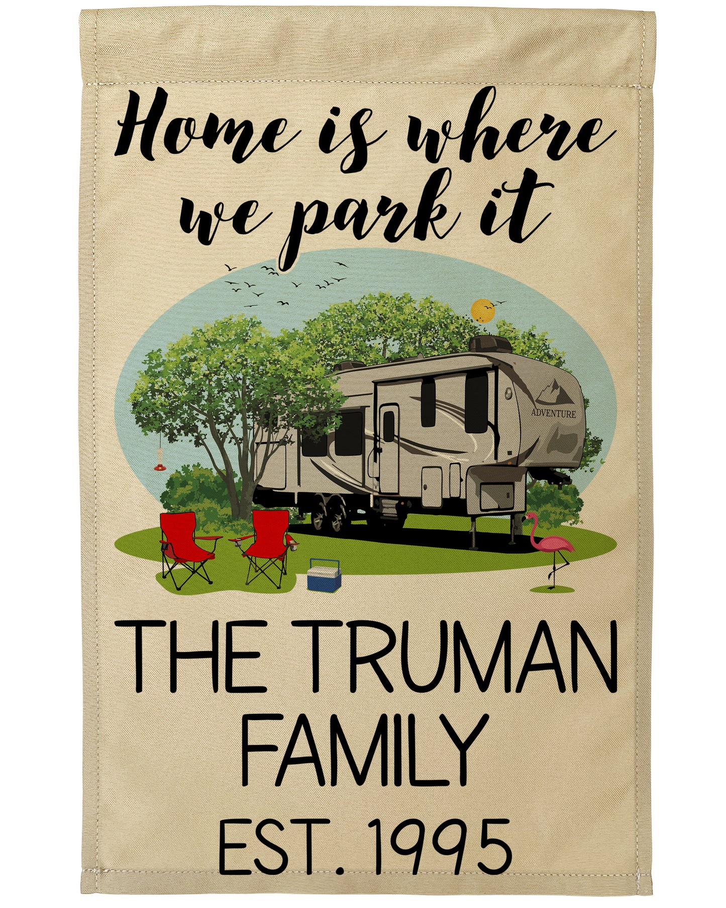 Home is Where We Park It Personalized Camping Flag with 5th Wheel Trailer