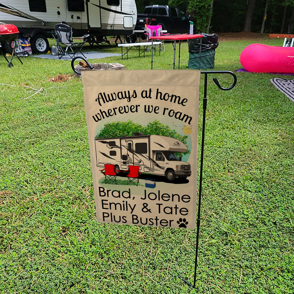 Always at Home Wherever We Roam Personalized Camping Flag with Class C Motorhome