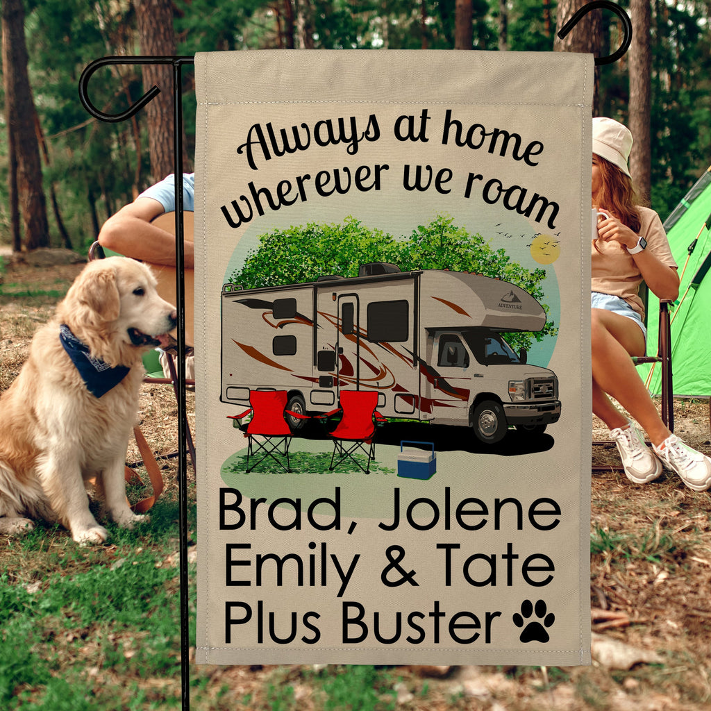 Always at Home Wherever We Roam Personalized Camping Flag with Class C Motorhome