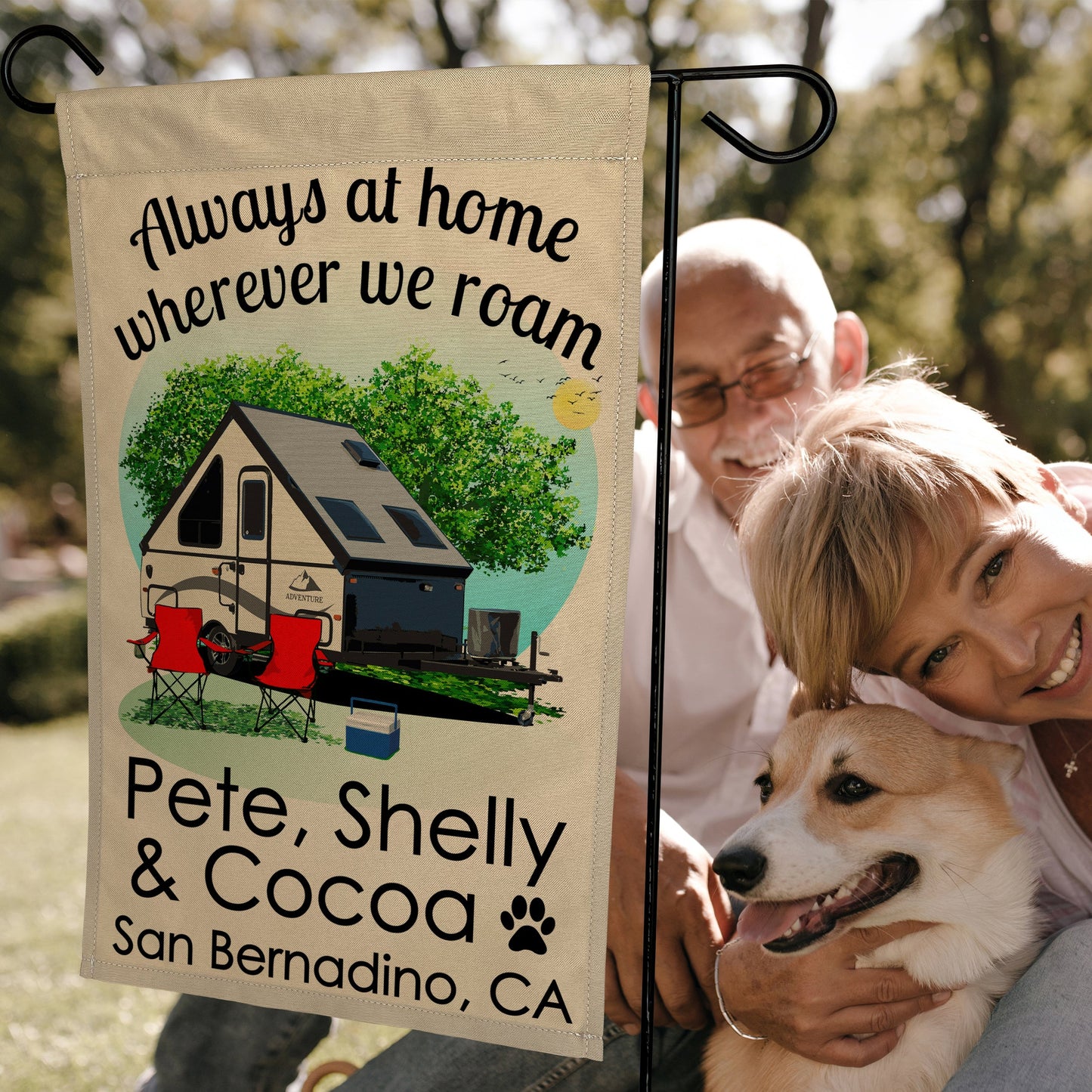 Always at Home Wherever We Roam Personalized Camping Flag with Pop Up Trailer