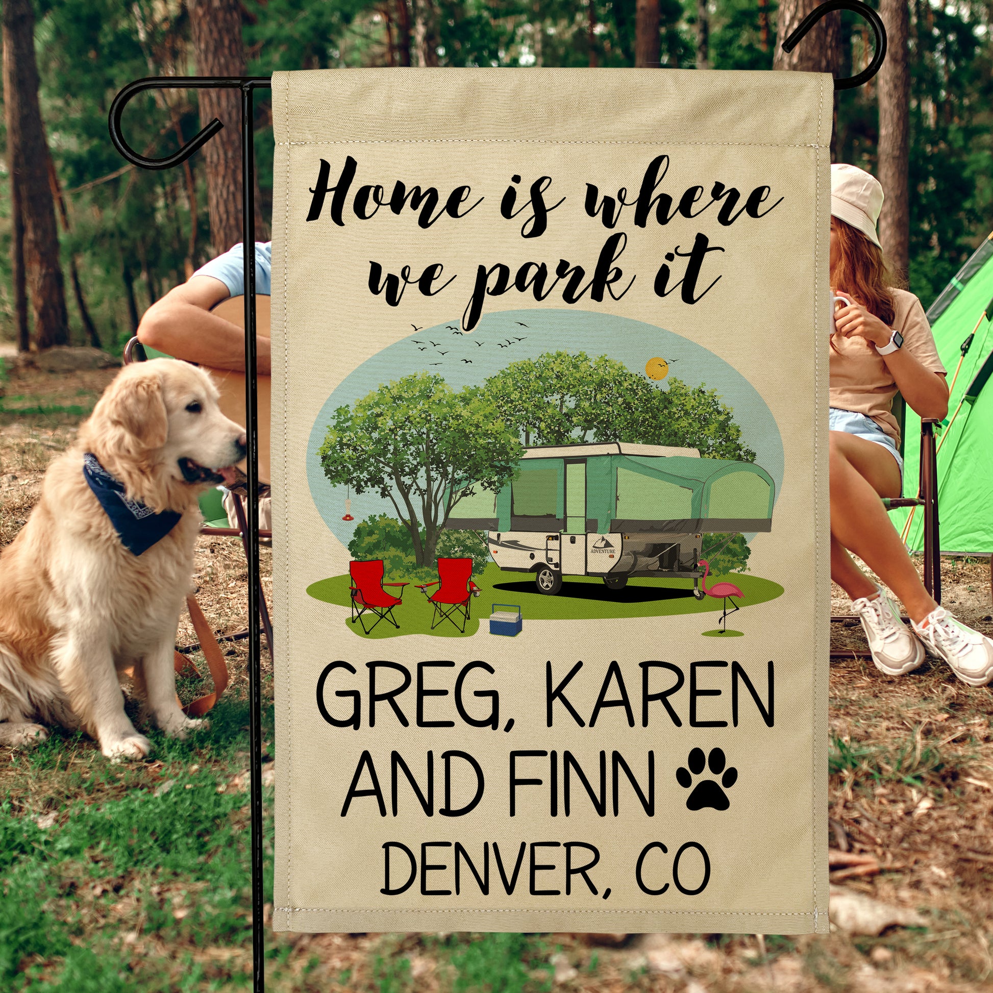 Home is Where We Park It Personalized Camping Flag with Pop-Up or A-Frame Trailer