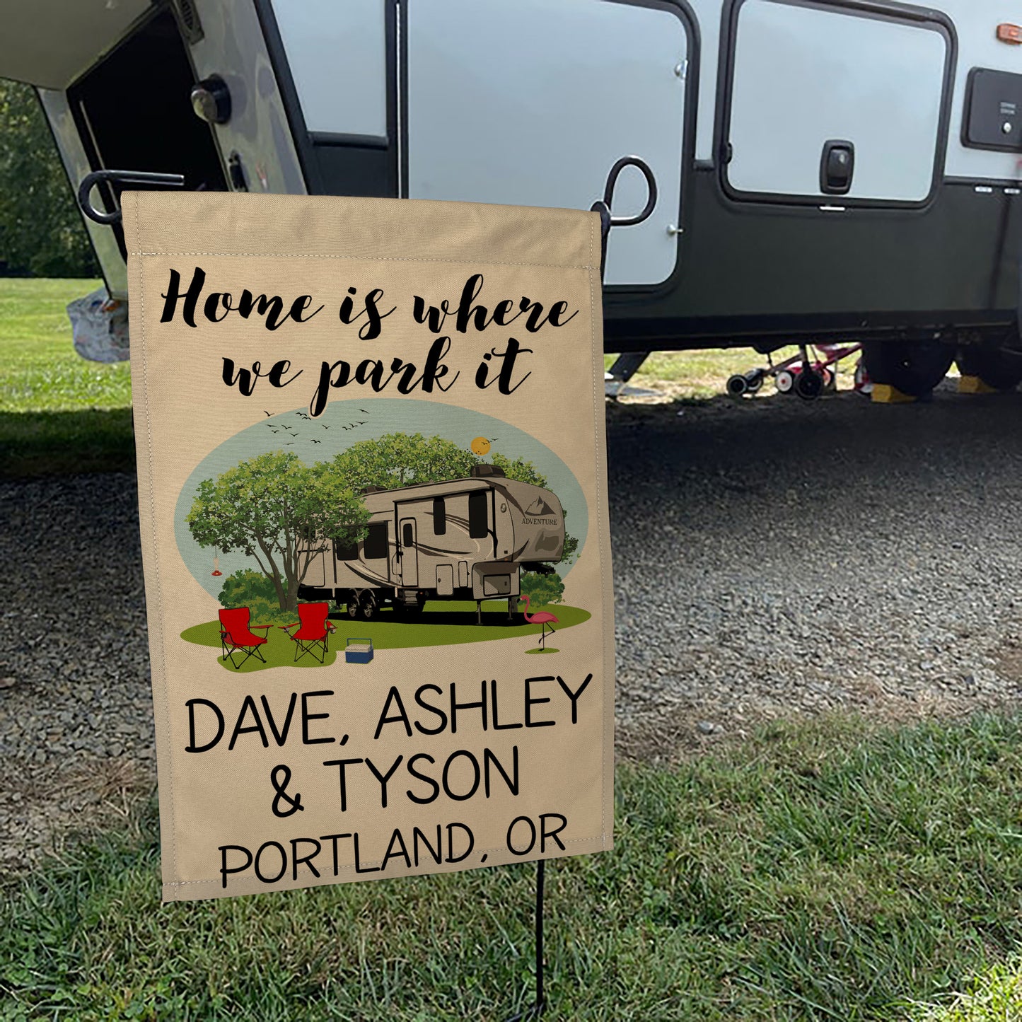 Home is Where We Park It Personalized Camping Flag with 5th Wheel Trailer