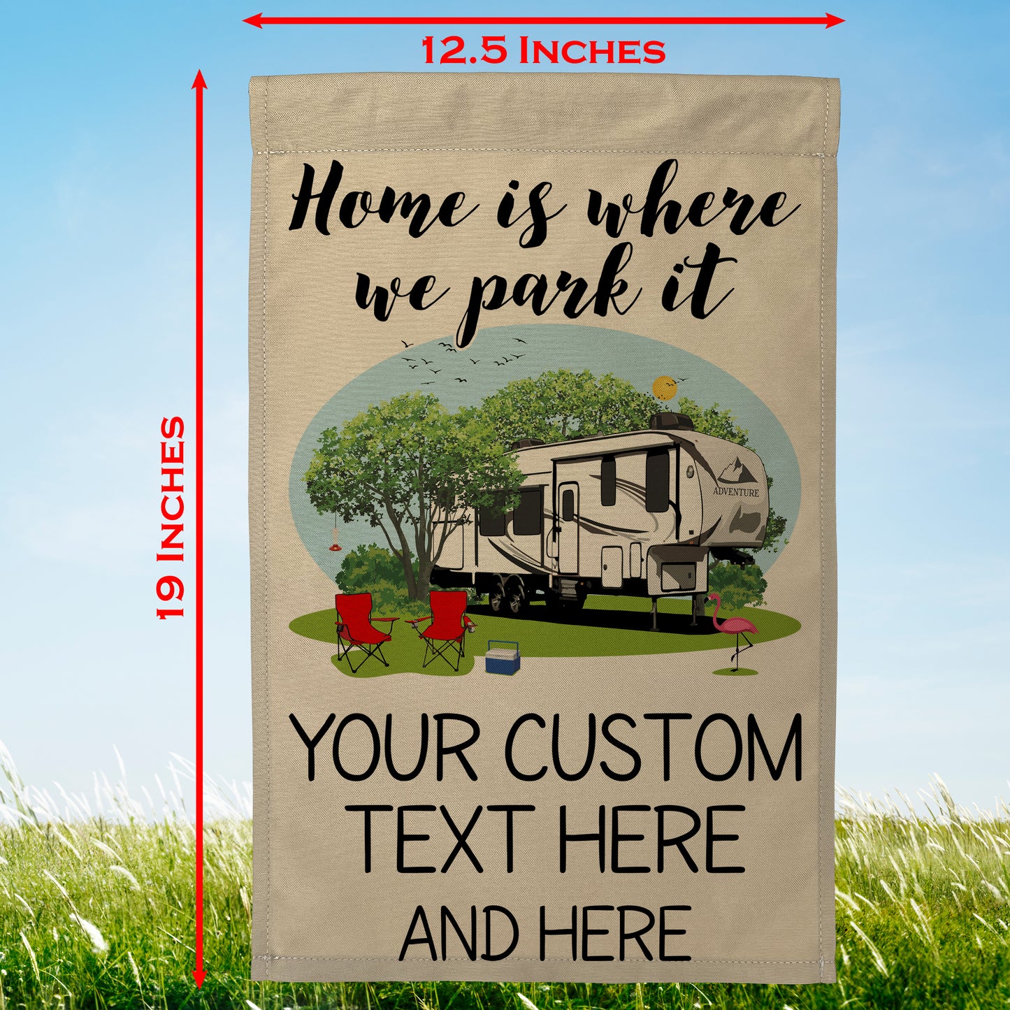 Home is Where We Park It Personalized Camping Flag with 5th Wheel Trailer