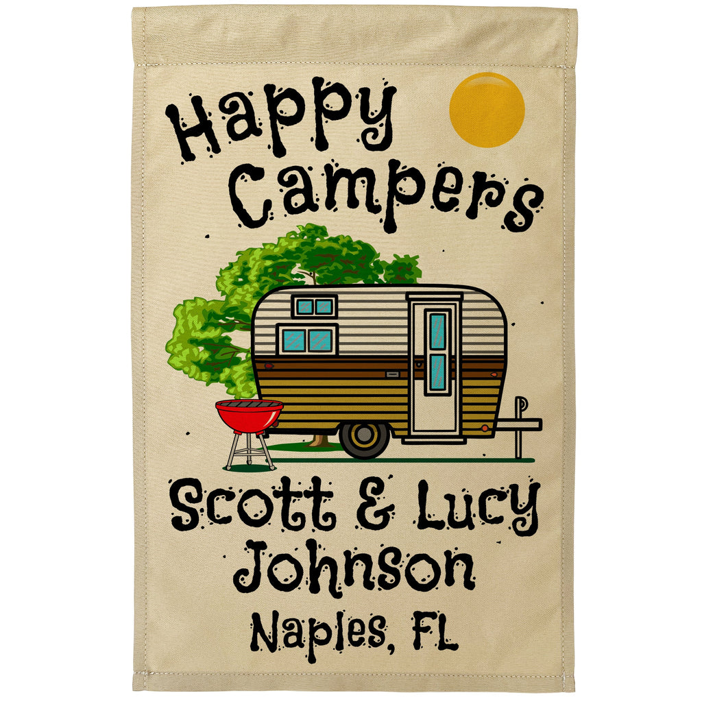 Happy Campers Personalized Camping Flag with Vintage Travel Trailer