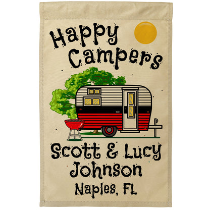 Happy Campers Personalized Camping Flag with Vintage Travel Trailer