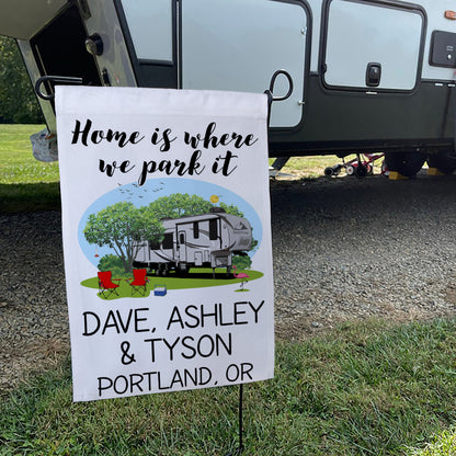 Home is Where We Park It Personalized Camping Flag with 5th Wheel Trailer