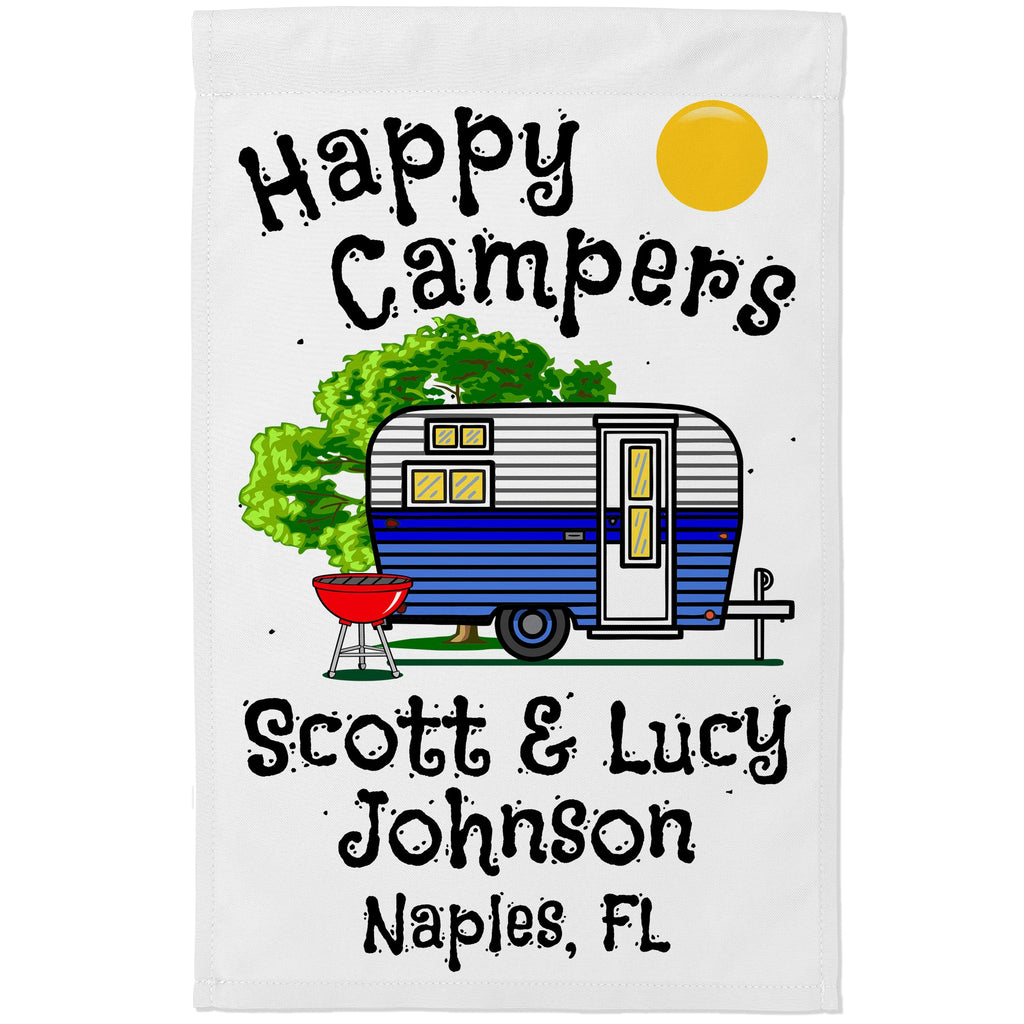 Happy Campers Personalized Camping Flag with Vintage Travel Trailer