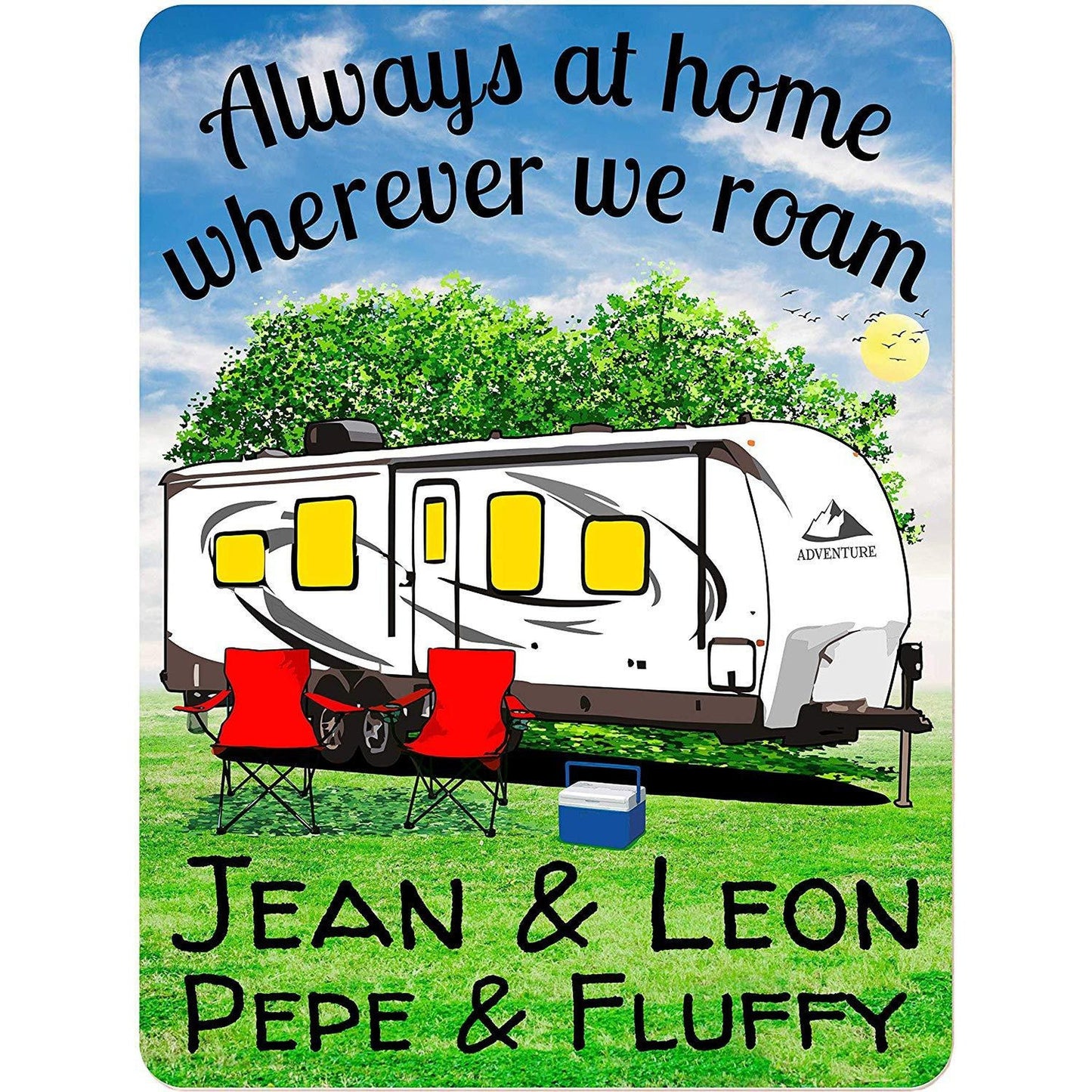 Always at Home Wherever We Roam Personalized Aluminum Camping Sign With Travel Trailer