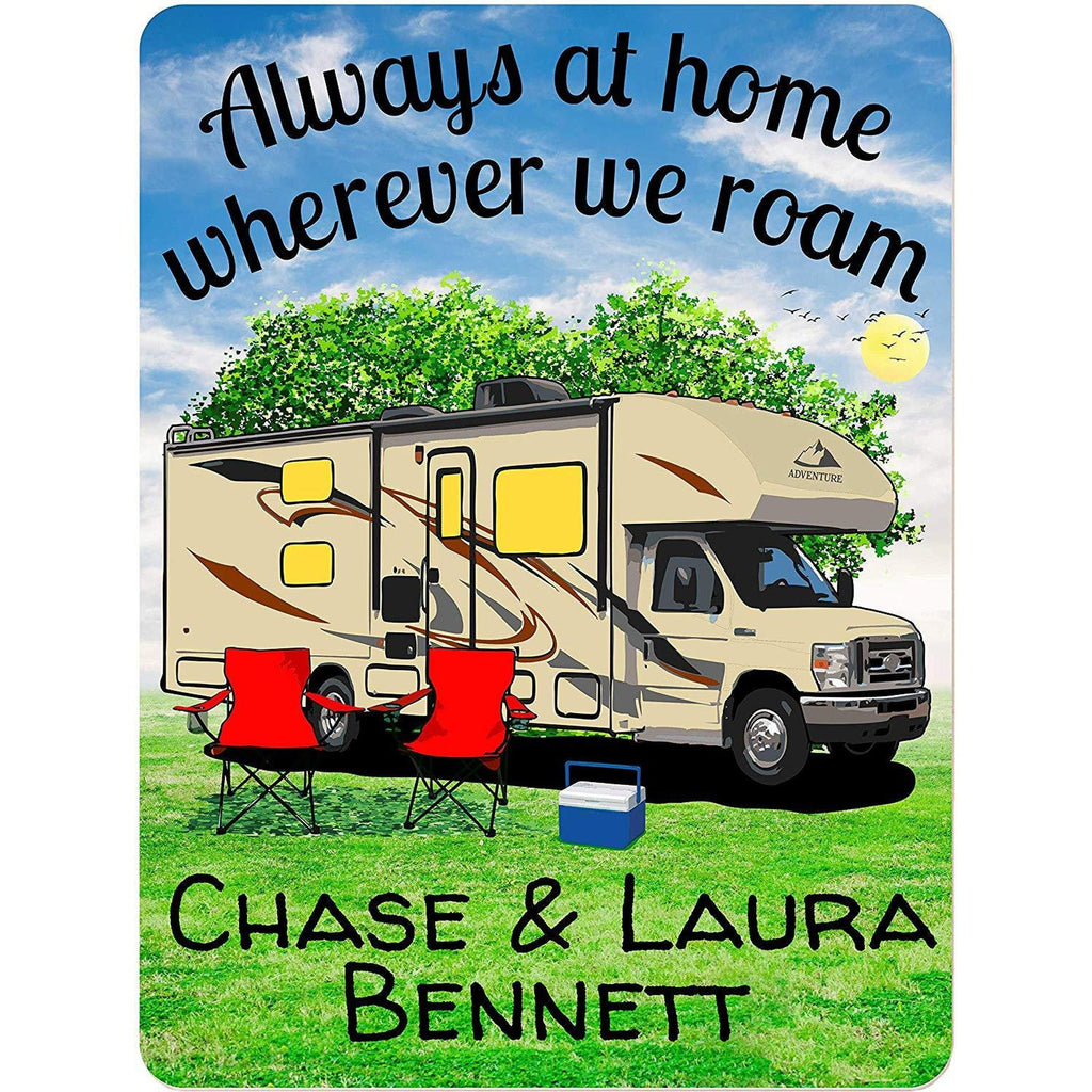 Always at Home Wherever We Roam Personalized Aluminum Camping Sign With Class C Motorhome