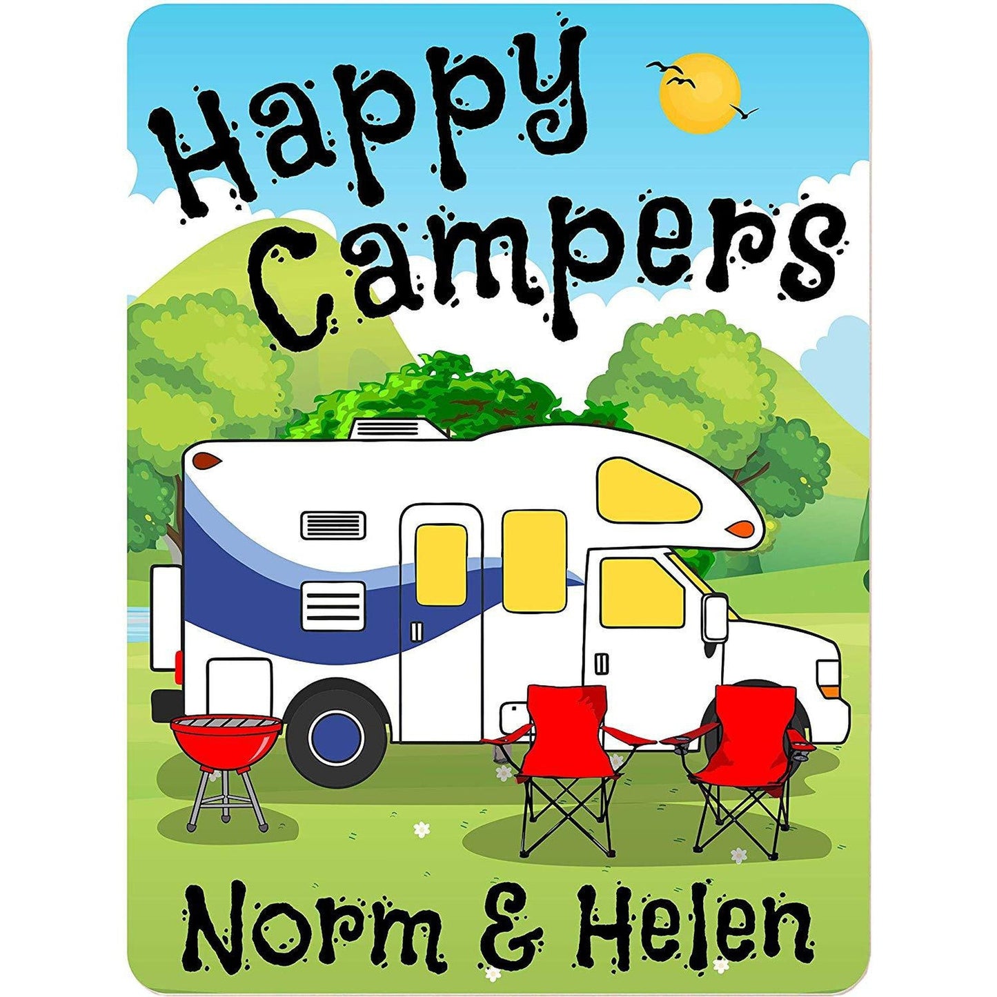 Happy Campers Personalized Aluminum Camping Sign With Class C Motorhome