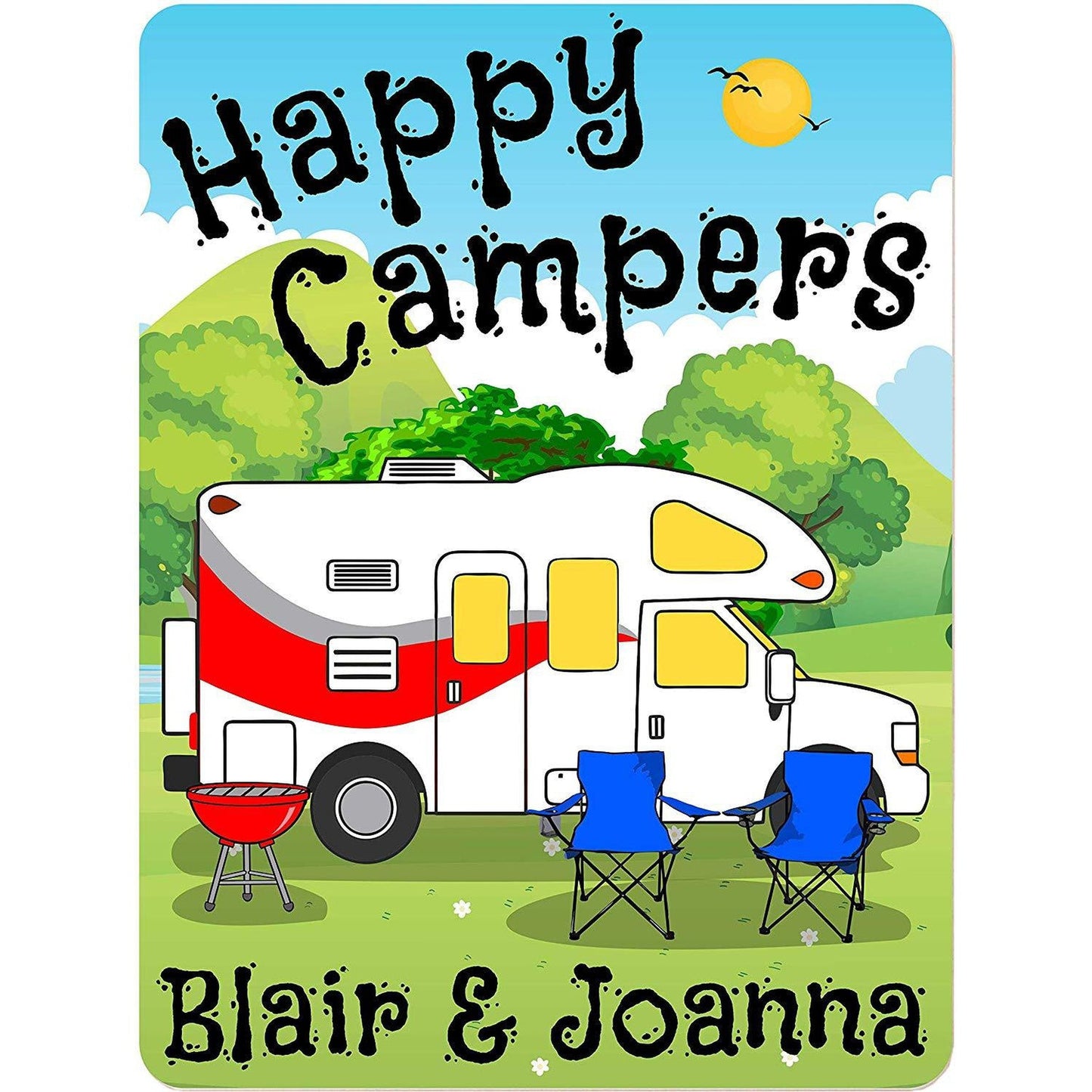 Happy Campers Personalized Aluminum Camping Sign With Class C Motorhome