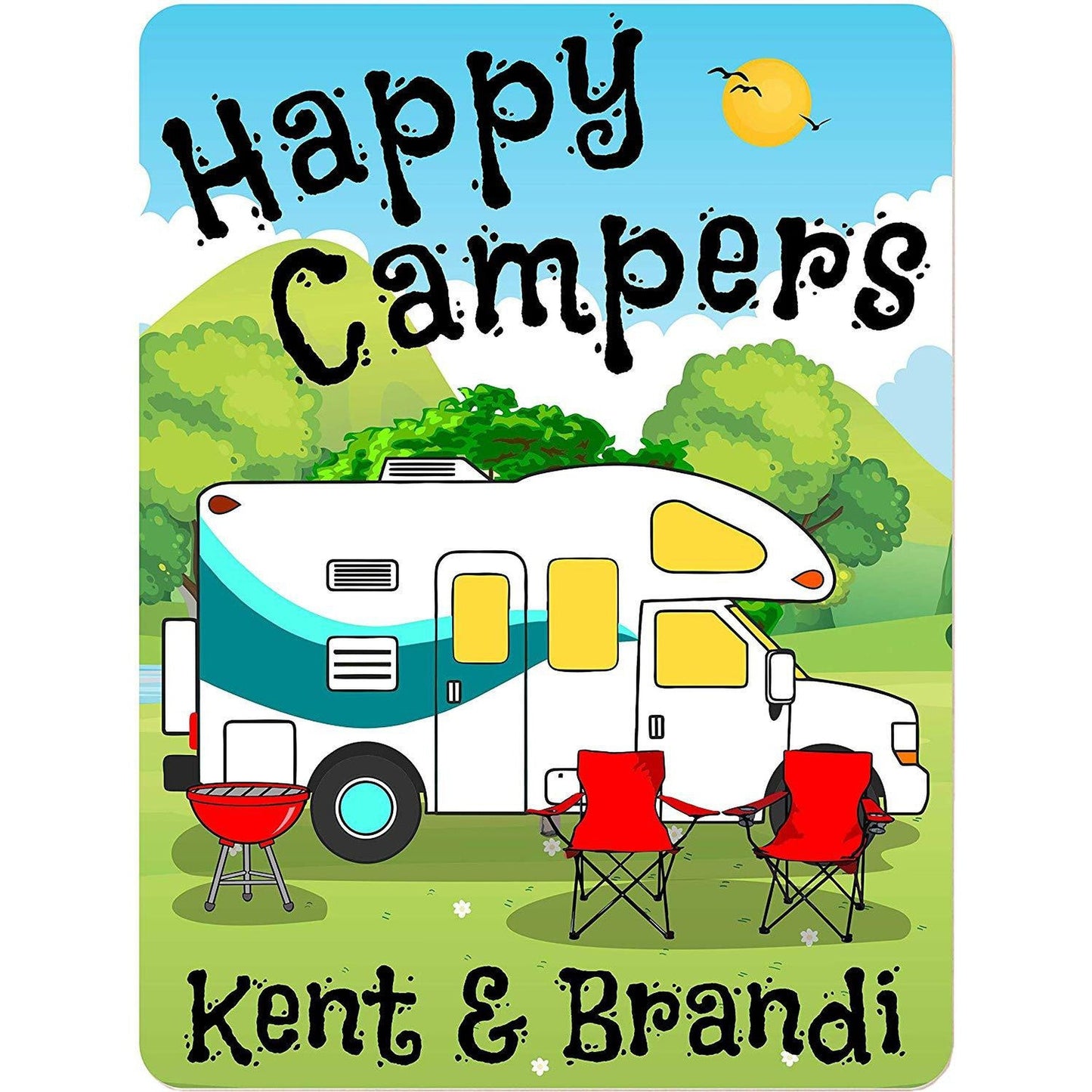 Happy Campers Personalized Aluminum Camping Sign With Class C Motorhome