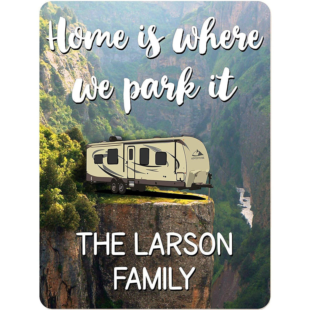 Home is Where We Park It Personalized Aluminum Camping Sign with Travel Trailer on Cliff