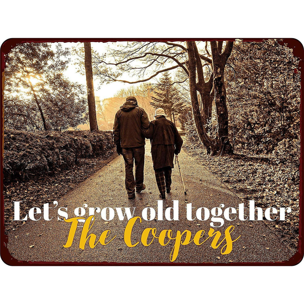 Let's Grow Old Together Personalized Vintage Look Aluminum Sign With Elderly Couple on Path