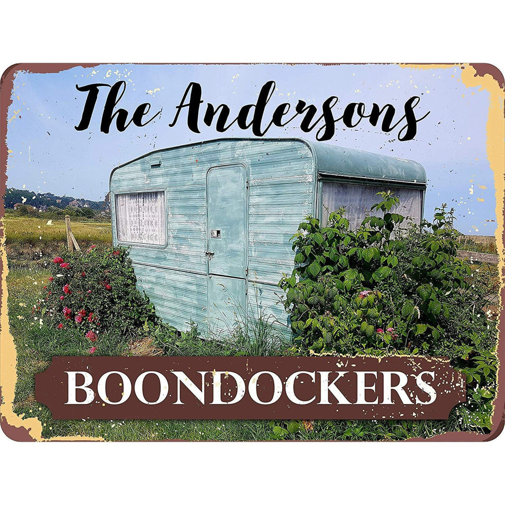Boondockers, Trailer Trash, Trailerhood Aluminum Camping Sign with Old Trailer and Overgrown Bushes