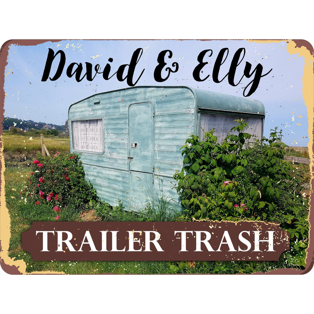 Boondockers, Trailer Trash, Trailerhood Aluminum Camping Sign with Old Trailer and Overgrown Bushes