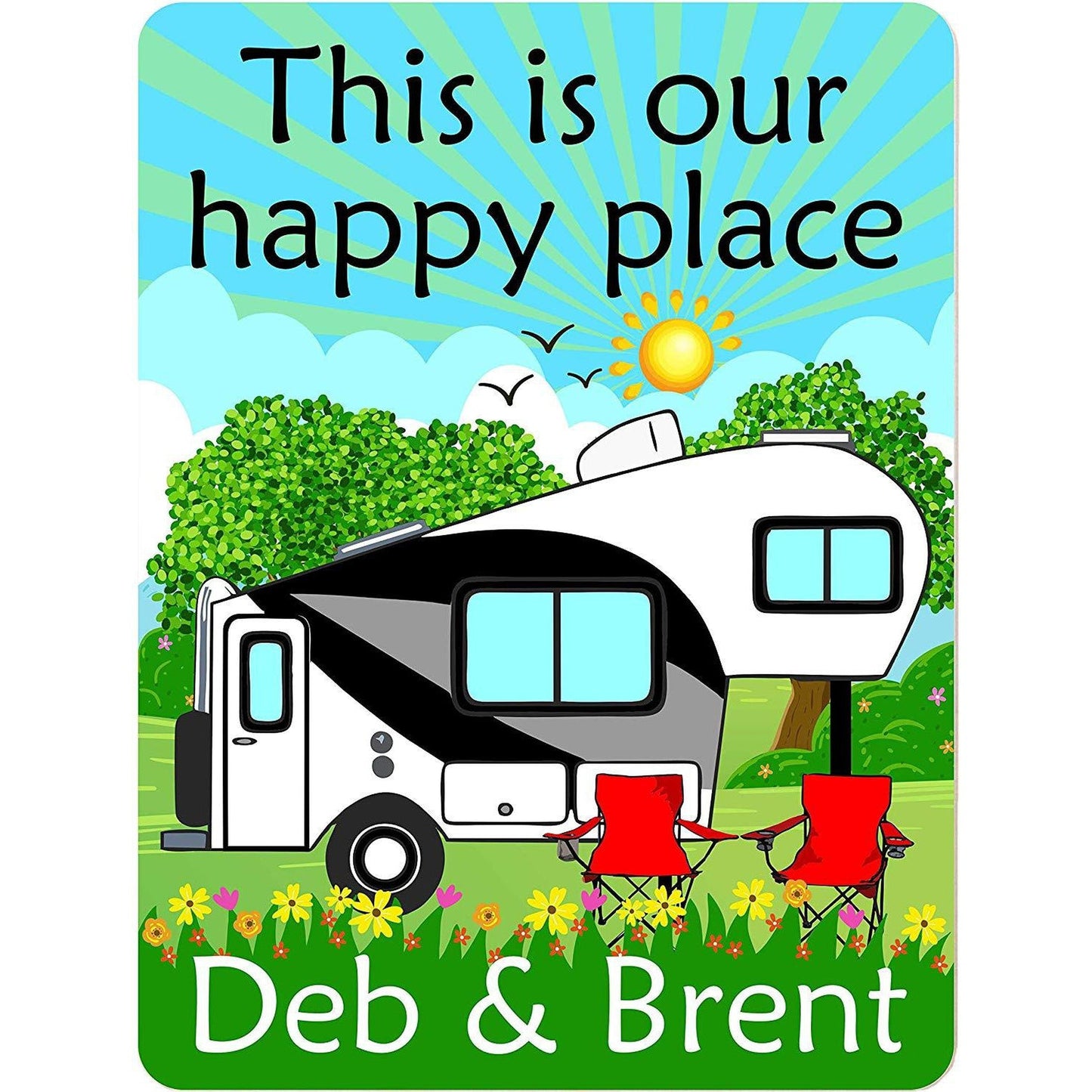 This is Our Happy Place Personalized Aluminum Camping Sign With 5th Wheel Camper