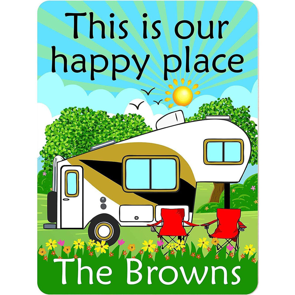 This is Our Happy Place Personalized Aluminum Camping Sign With 5th Wheel Camper