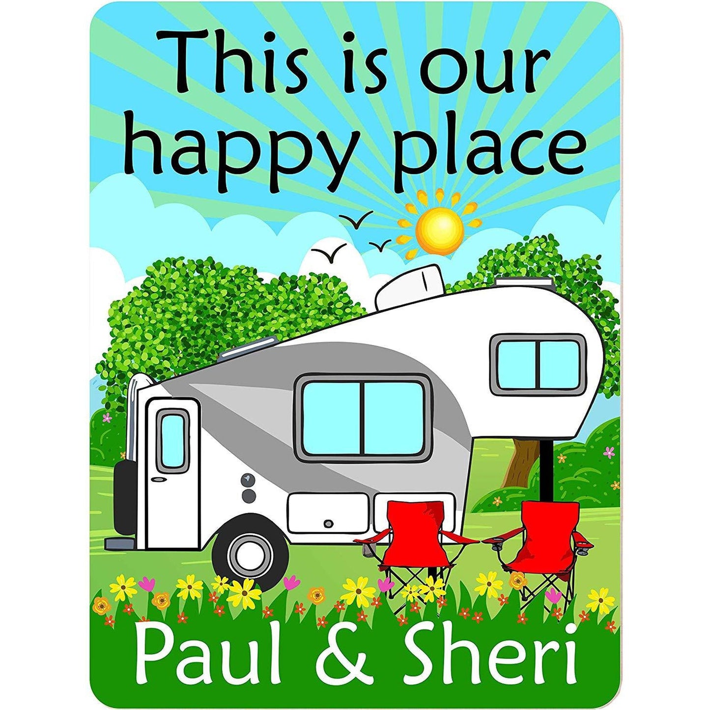 This is Our Happy Place Personalized Aluminum Camping Sign With 5th Wheel Camper