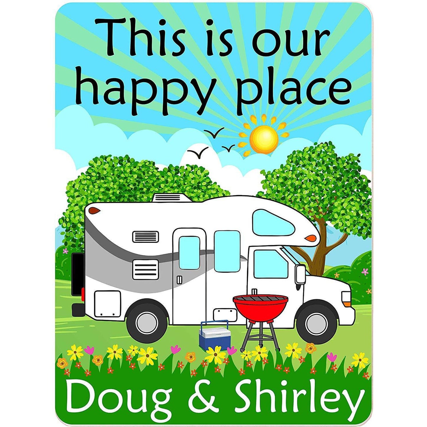 This is Our Happy Place Personalized Aluminum Camping Sign With Class C Motor Home