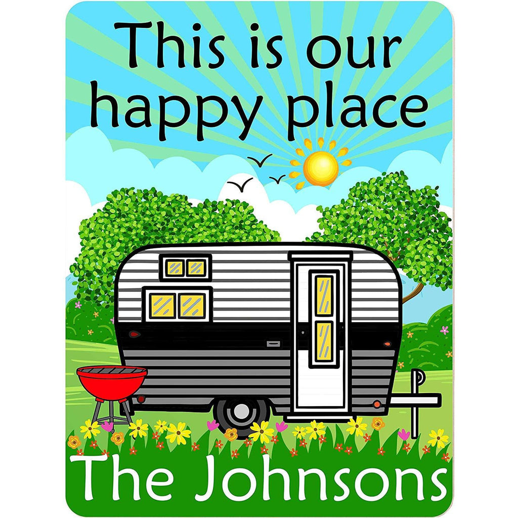 This is Our Happy Place Personalized Aluminum Camping Sign With Vintage Travel Trailer