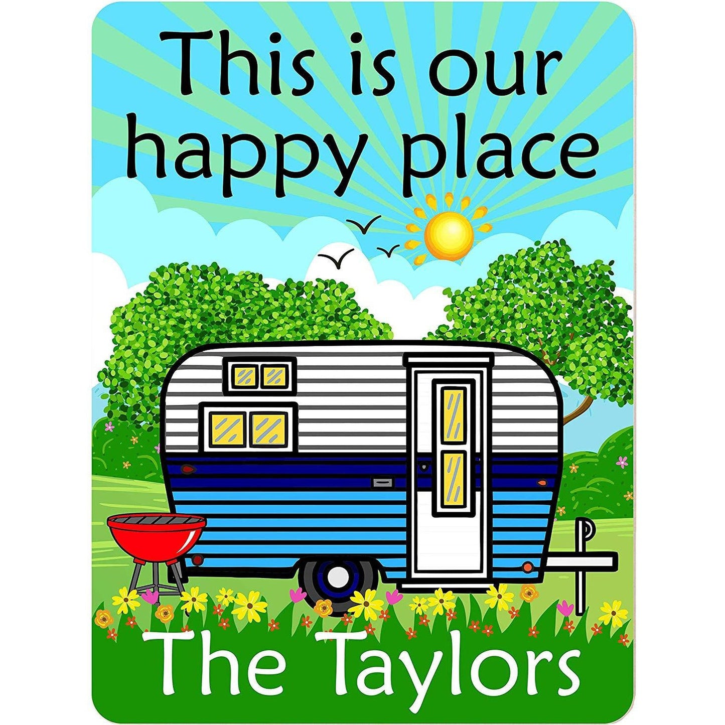 This is Our Happy Place Personalized Aluminum Camping Sign With Vintage Travel Trailer