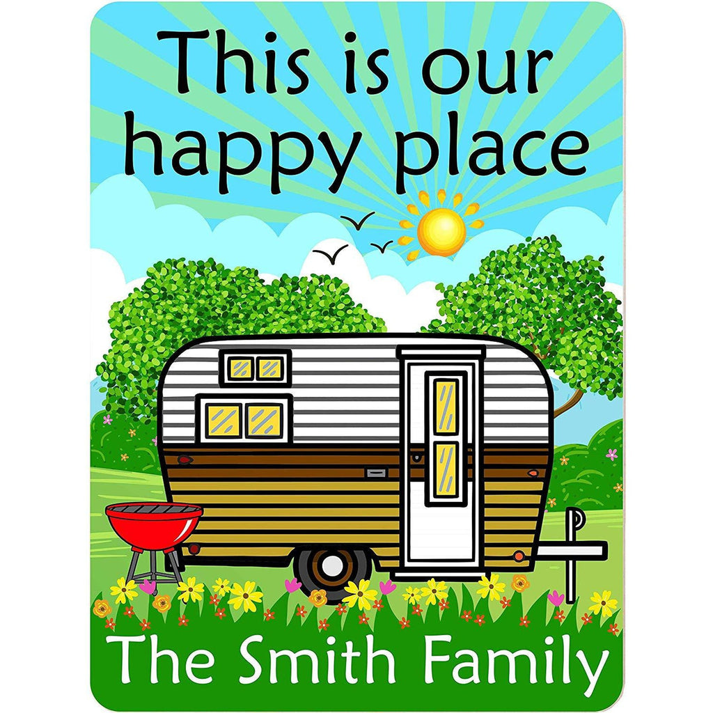 This is Our Happy Place Personalized Aluminum Camping Sign With Vintage Travel Trailer