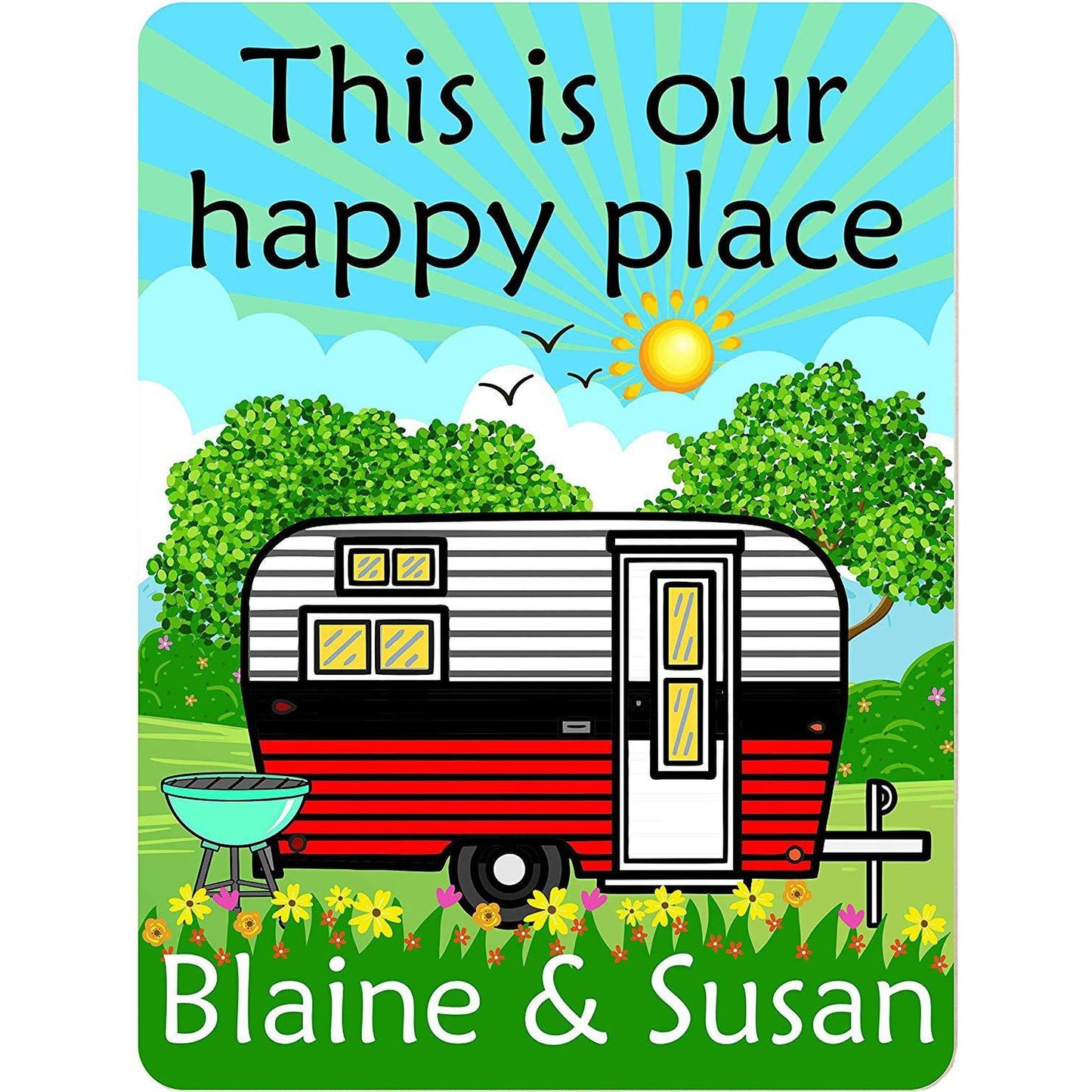 This is Our Happy Place Personalized Aluminum Camping Sign With Vintage Travel Trailer