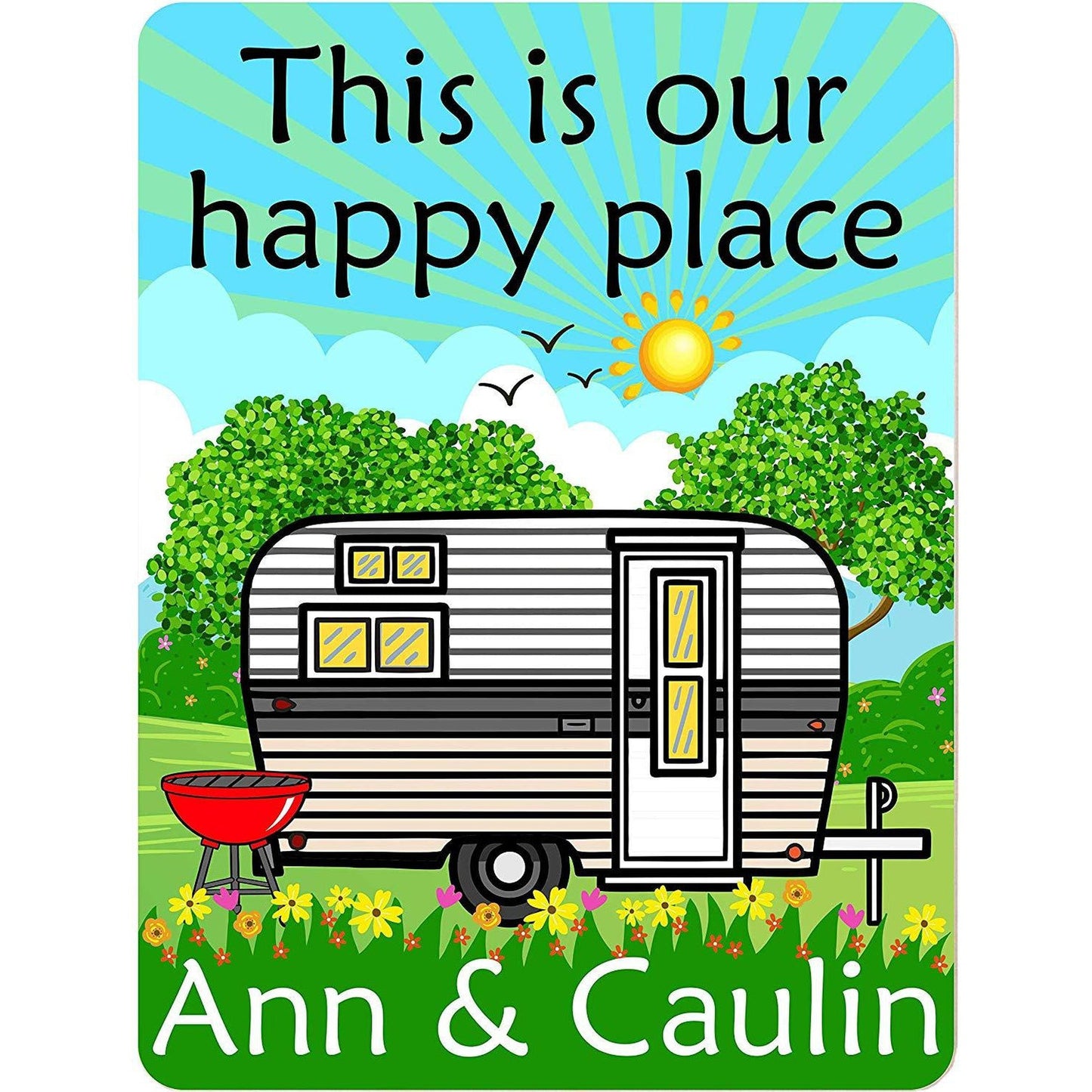This is Our Happy Place Personalized Aluminum Camping Sign With Vintage Travel Trailer