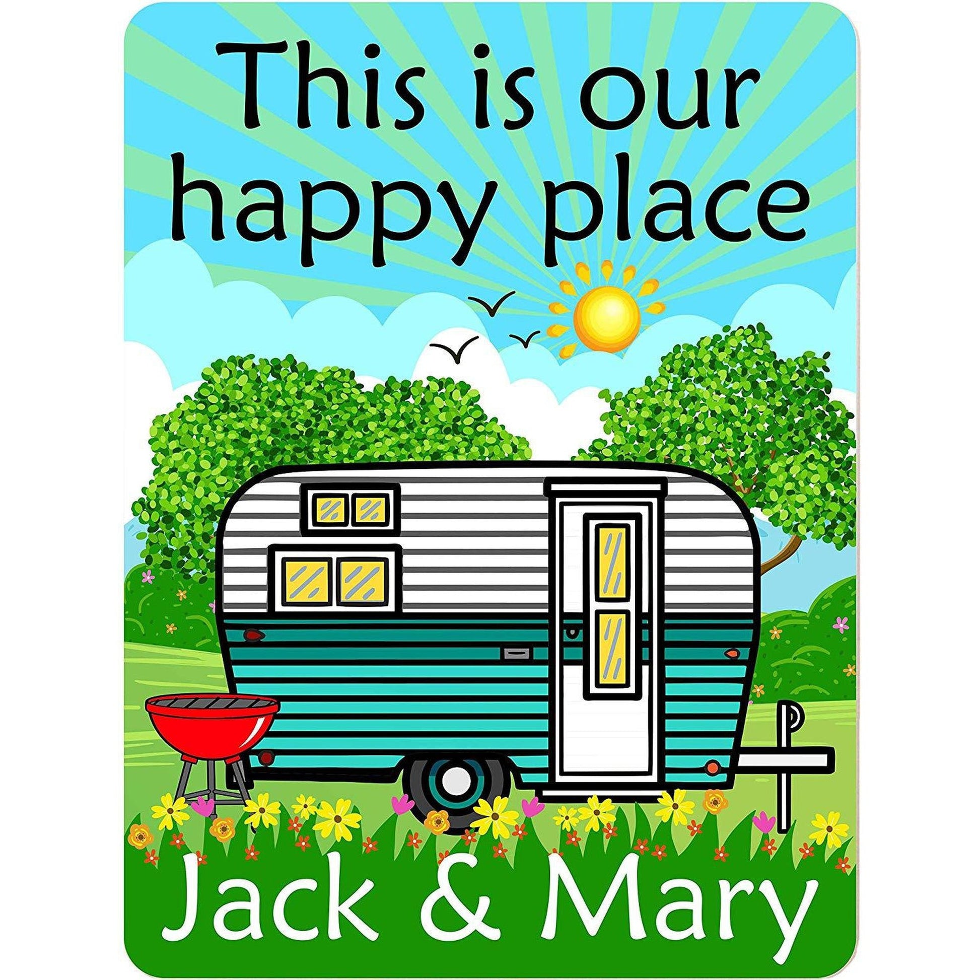 This is Our Happy Place Personalized Aluminum Camping Sign With Vintage Travel Trailer